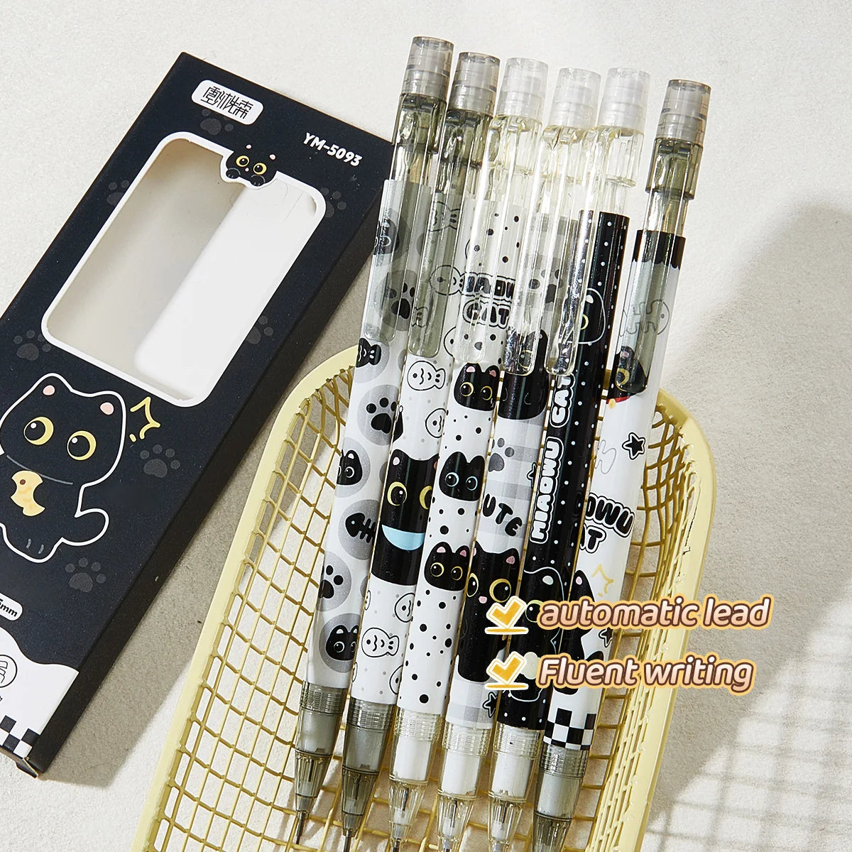 6-Piece Cute Cat Mechanical Pencil Set - 0.5mm Writing and Drawing Pencils for School, Office and Everyday Use