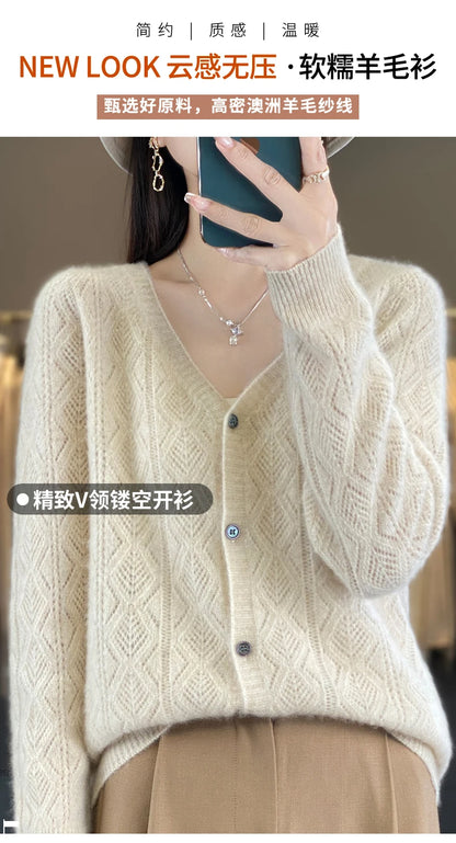 Women's 100% Wool Cashmere Cardigan – V-Neck, Super Soft, Loose Fit, Long Sleeve Knit Sweater