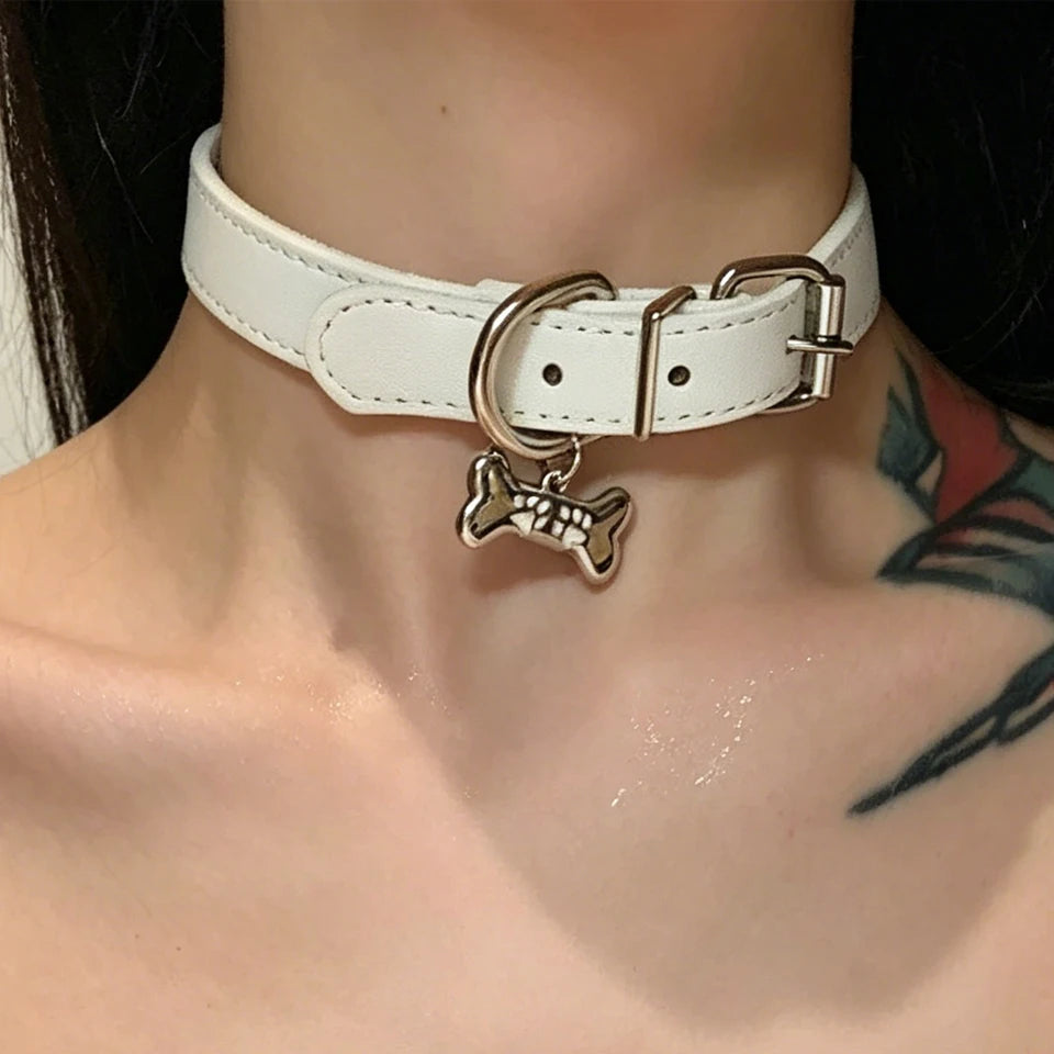 ZAKOL Y2K PU Leather Choker Necklace - Punk Dog Claw Bone Charm Chain Party Jewelry for Women