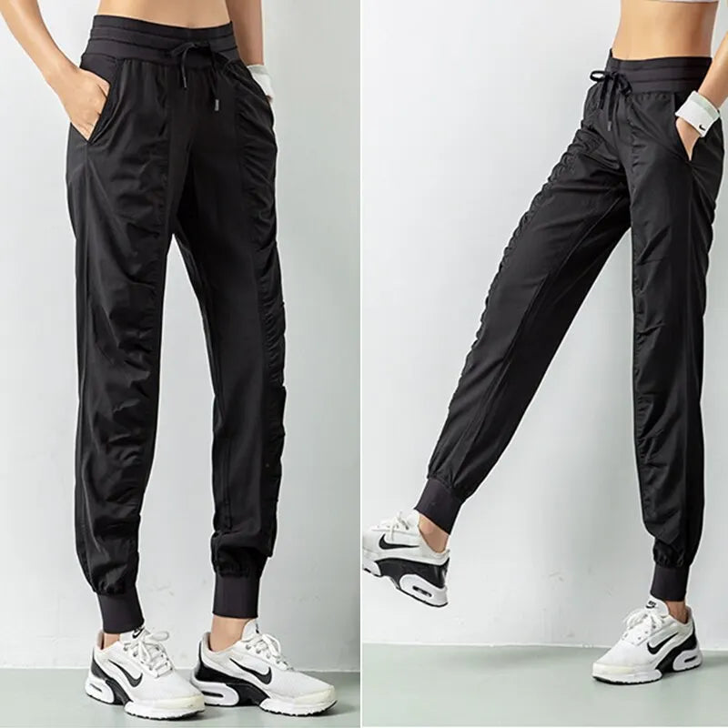 Women’s Fabric Drawstring Joggers – Quick-Dry Athletic Gym Fitness Sweatpants with Side Pockets