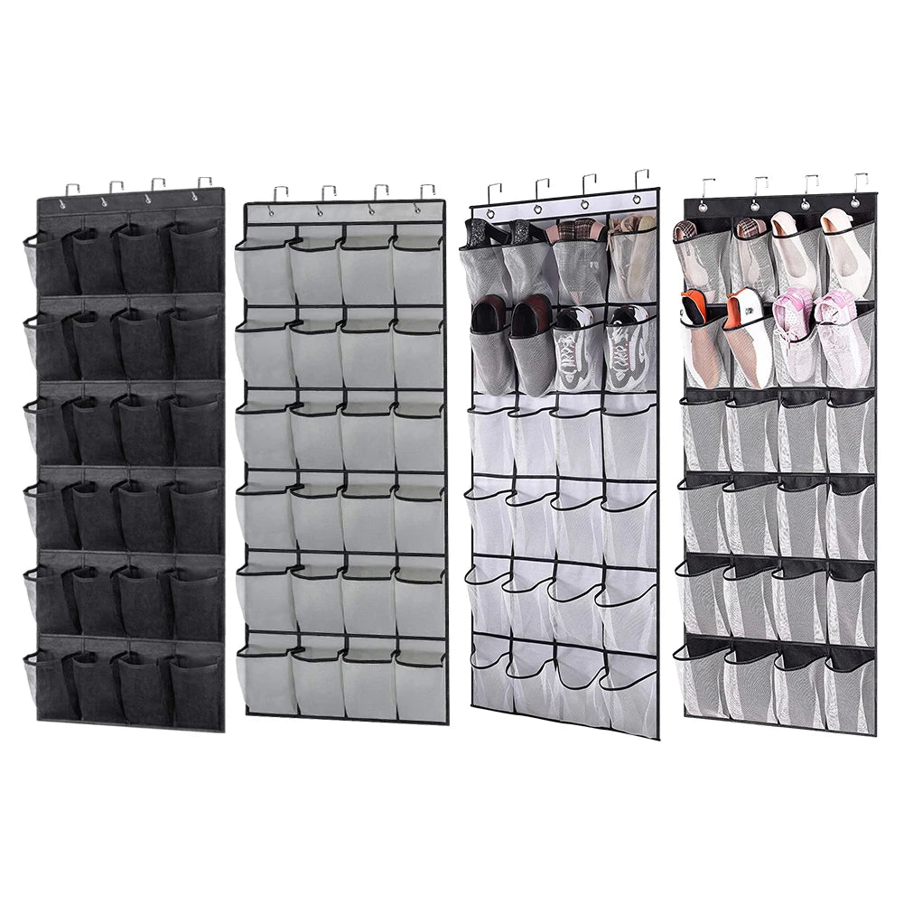 24-Pocket Clear-View Hanging Shoe Organizer with 4 Metal Hooks — Over-the-Door Wall Storage Bag