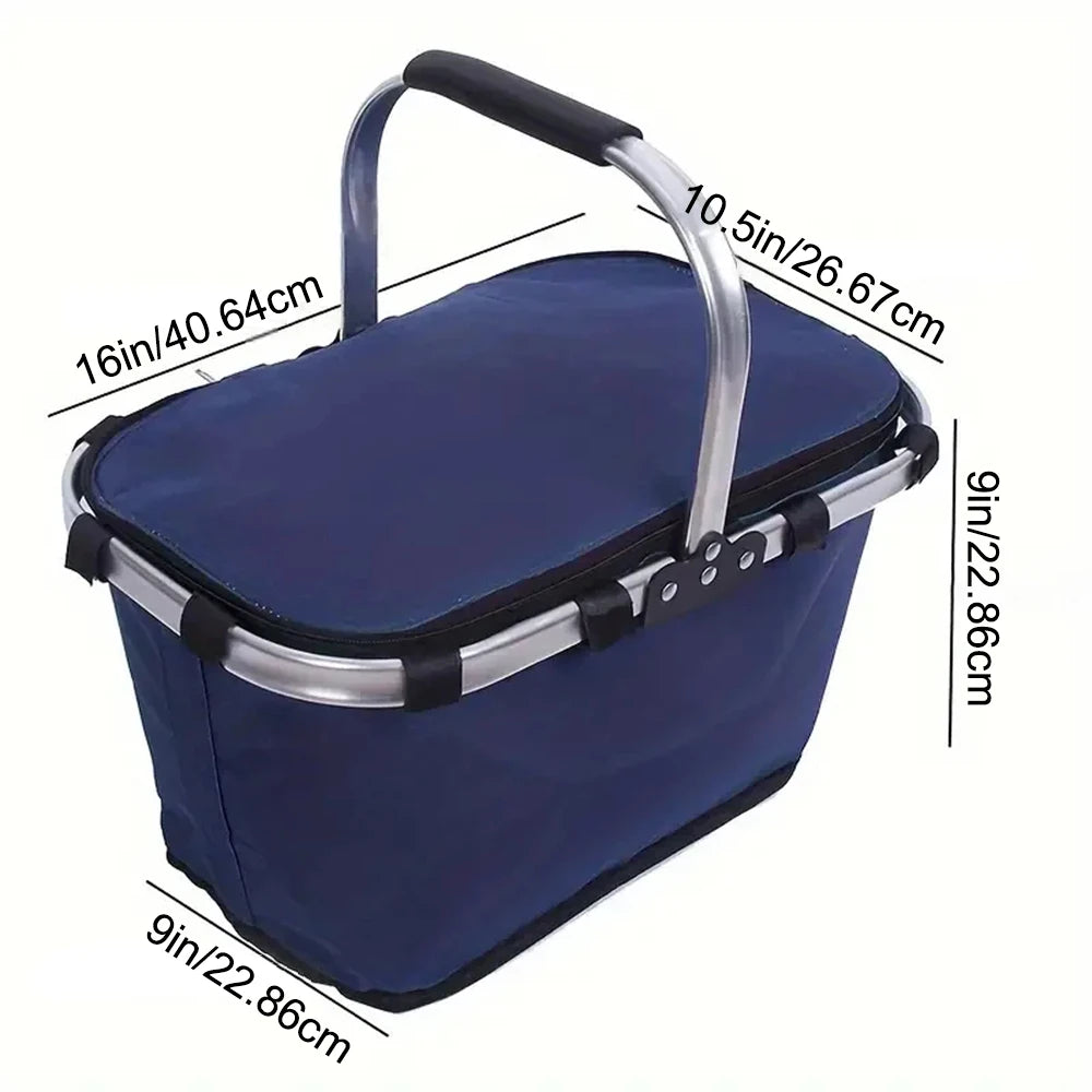 Folding Insulated Meal & Shopping Basket — Portable Handheld Cooler Bag for Outdoor Lunch, Ice Pack, and Food Delivery