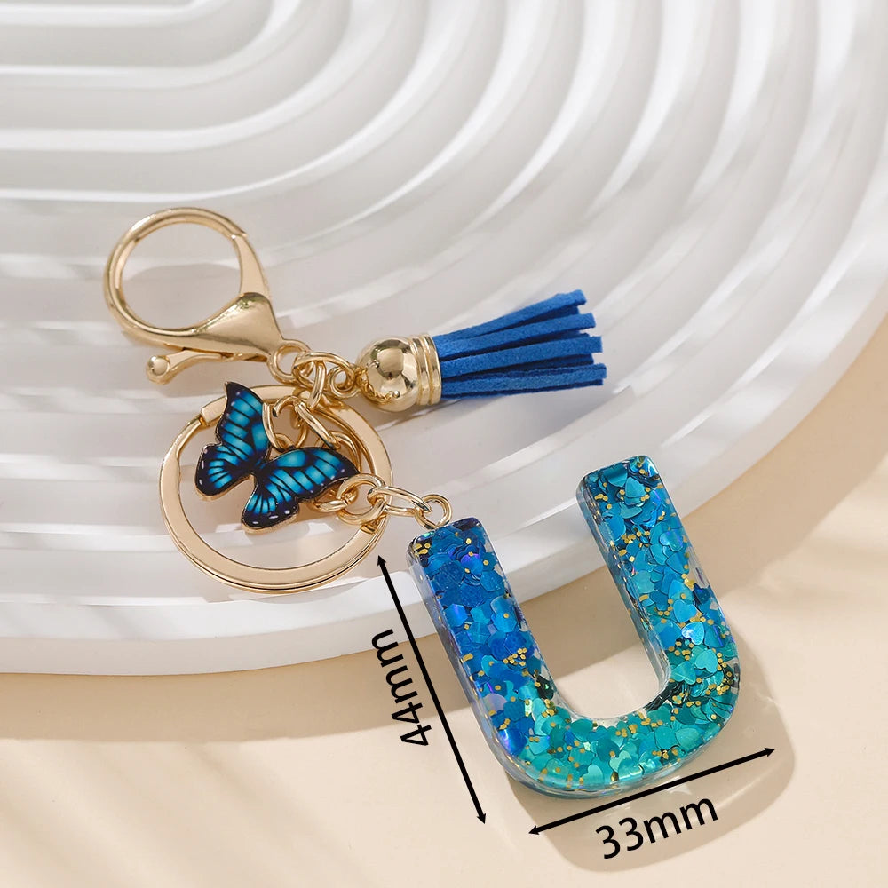 Royal Blue Butterfly Initial Keychain - Alloy Alphabet Letter & Tassel Backpack Charm