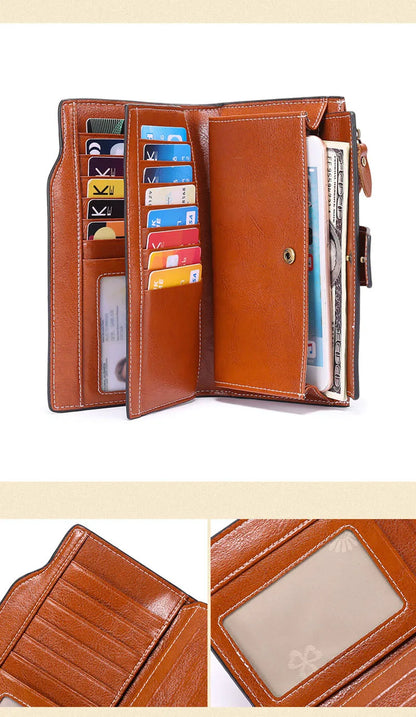 2024 New RFID Long Women’s Wallet — Genuine Leather Clutch with Zipper Coin Pocket, Card Holder & Printed Design