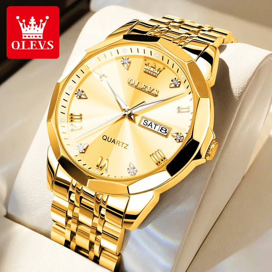 OLEVS Men's Gold Quartz Wristwatch – Waterproof Luminous, Rhombus Mirror with Date and Week, Luxury Dress Watch