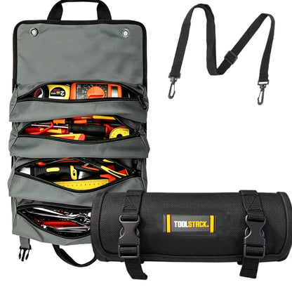 Toolstack Roll-Up Canvas Tool Bag - 4-Zipper Pocket Organizer with Hanging Strap for Hand Tools
