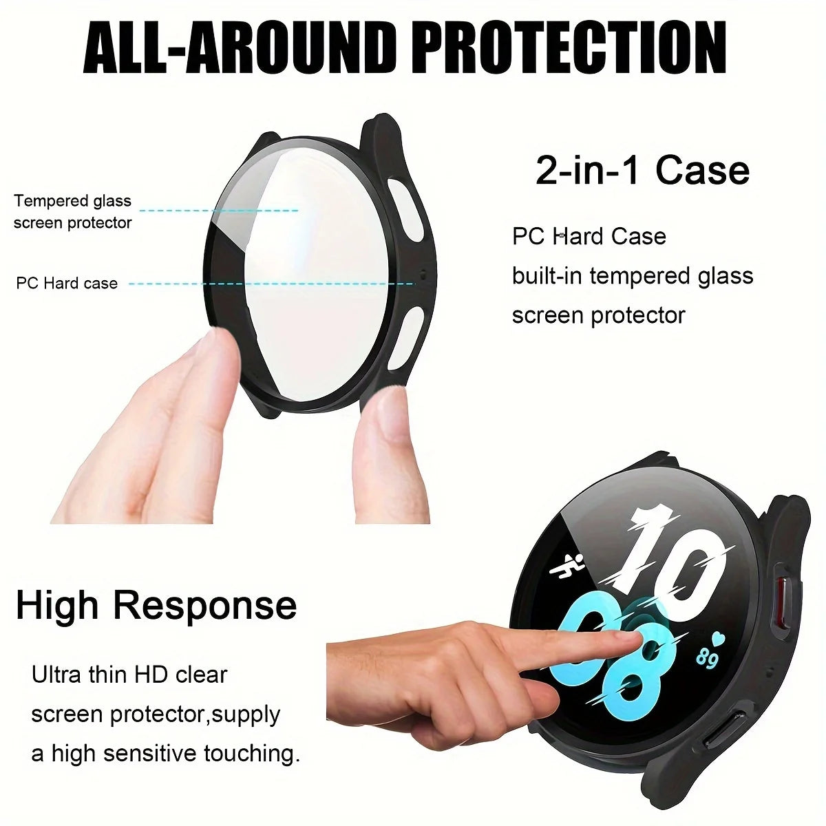 2-Pack Samsung Galaxy Watch Protective Case with Tempered Glass - Full-Coverage Drop-Resistant and Scratch-Resistant Screen Protector for Watch 4/5/6/7 40mm & 44mm
