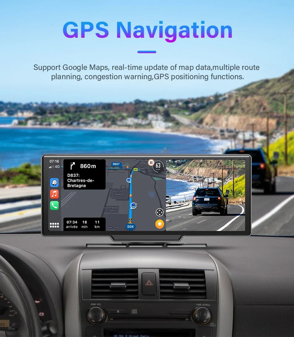 10.26'' 4K Dash Cam Car Mirror Video Player - Wireless CarPlay, Android Auto, GPS, and Rearview Camera Monitor