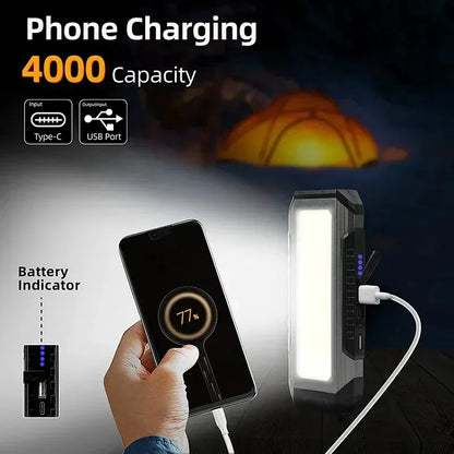 COB LED Work Light - USB Rechargeable Flashlight with Power Bank, Magnetic Waterproof Camping Lantern, 4000mAh
