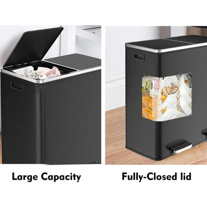 60L Dual Compartment Kitchen Step Trash Can – Hands-Free, Soft-Close Lid, Brushed Stainless Steel