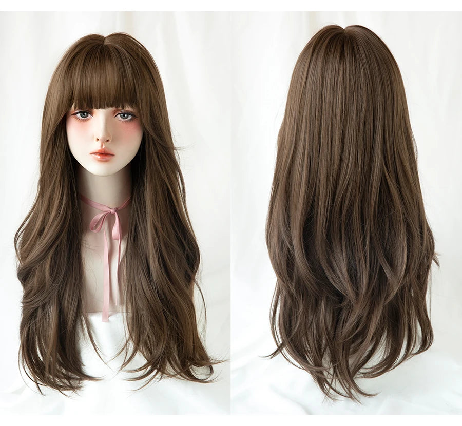 7JHH Brown Ash Long Deep Wave Lolita Wig for Women — Synthetic Hair with Bangs, Thick Curly Fashion Wig