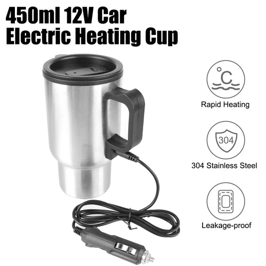 12V Electric Heating Car Kettle - 450ml Stainless Steel Thermal Mug for Water, Coffee, Milk - Travel & Camping