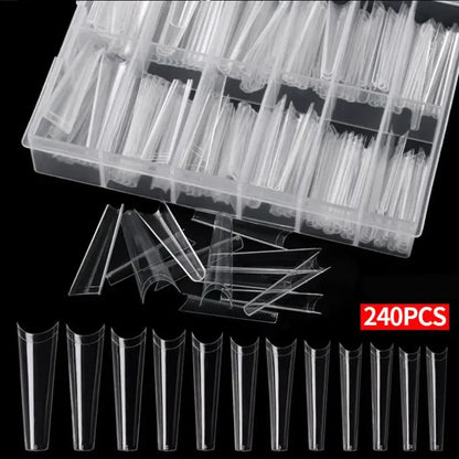 240 Clear Nail Tips – Coffin Shape Fake Toenail and Acrylic Nails, Half Cover Artificial Nail Set with Storage Box