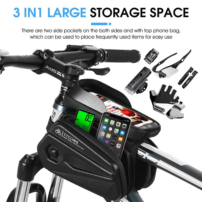 West Biking Waterproof Top Tube Phone Bag - 6.5 Inch Touch Screen Bike Frame Bag for MTB and Road Cycling
