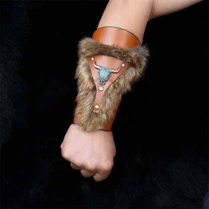 Medieval PU Leather Armor Arm Warmers – Fur Trim Bracer, Lace-Up Viking Knight Gauntlet Wristband Cosplay Props