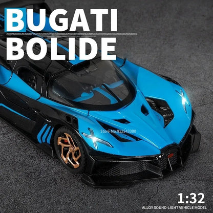 1/32 Bugatti Bolide Alloy Sports Car Model — Diecast Metal Vehicle with Sound & Light, Pull-Back Toy for Boys