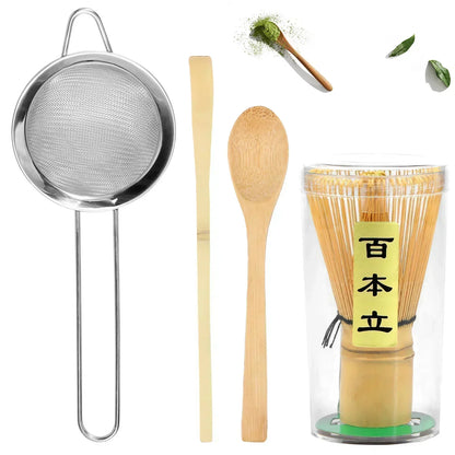 4-Piece Matcha Whisk Set - Handmade Bamboo Tea Whisk, Scoop, Strainer & Storage Holder