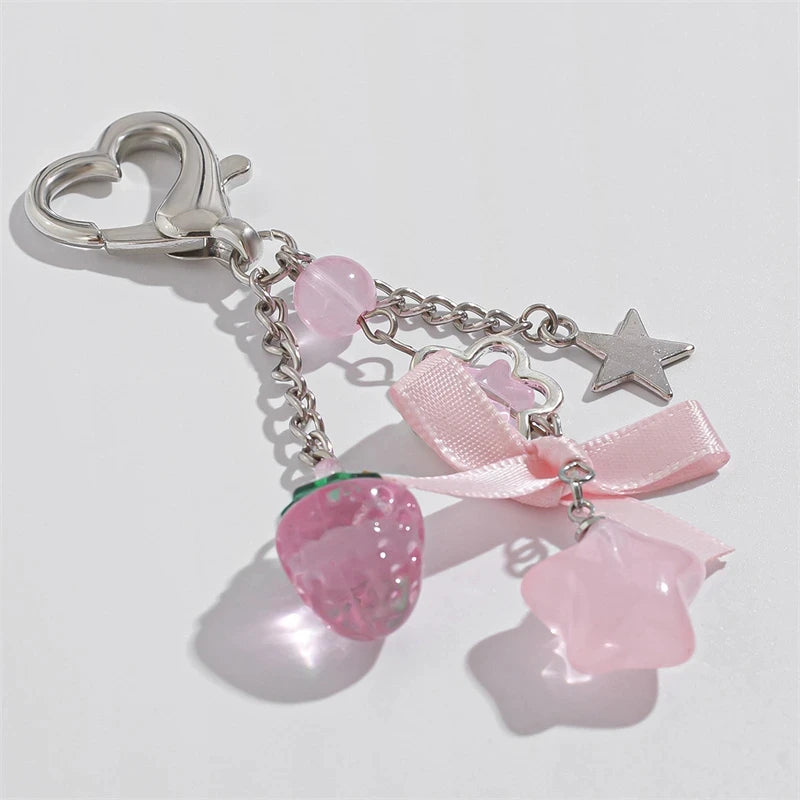 Cute Strawberry Bow Keychain - Y2K Pink Star Flower Tassel Heart Phone Charm Pendant for Women & Girls