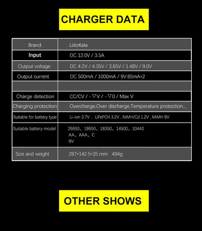 LiitoKala Lii-S12/Lii-S8 Battery Charger – LCD 18650, 21700, 26650, 26700, 20700, 18350, 9V IMR, NiMH/Cd, AA & AAA Rechargeable Batteries