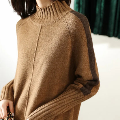 Turtleneck Knitted Sweater for Women – Autumn/Winter Warm Thick Pullovers, Wool Knit Crochet Y2K Split Jumper Cardigan