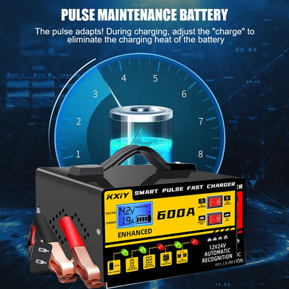 12V/24V Intelligent Car Battery Charger – 600A Digital LCD Pulse Repair with Automatic Stop & Temperature Detection
