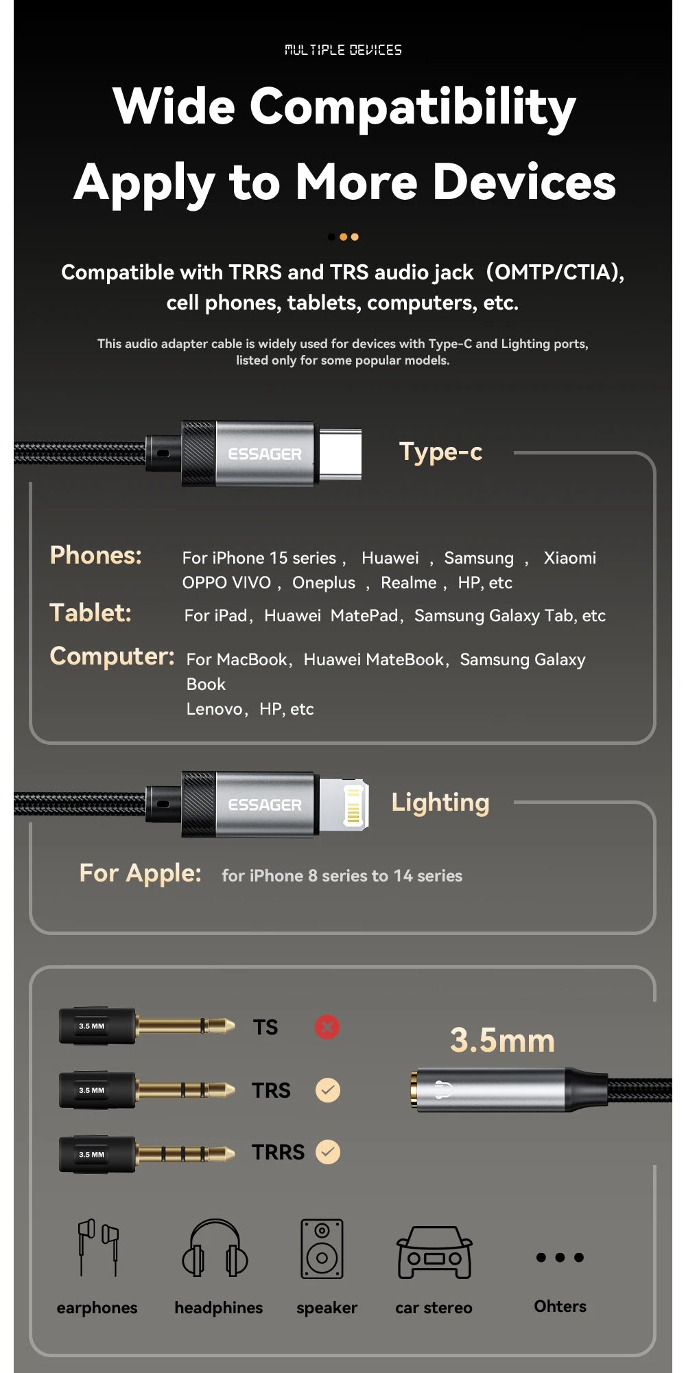 Essager 2-in-1 Audio Adapter – Lightning & USB-C to 3.5mm Jack for iPhone, Xiaomi, OnePlus, OTG Aux Cable