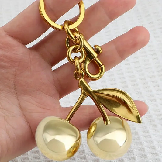 Golden Cherry Keychain Charm — Shiny Resin & Metal Bag Accessory, Elegant Gift for Women