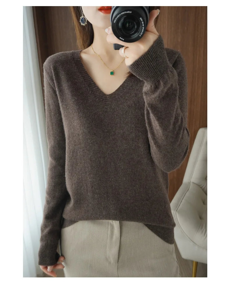 New Women’s Cashmere V-Neck Pullover – Lace Hollow Out Long Sleeve Knitted Sweater for Fall & Winter