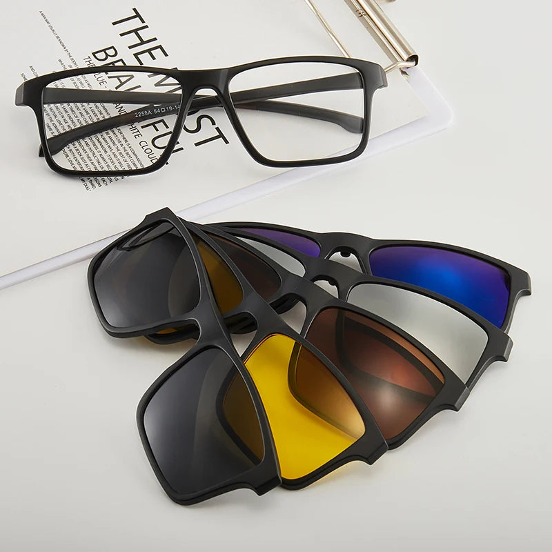 6-in-1 Polarized Magnetic Clip-On Sunglasses – Men & Women Sun Glasses with Frame & Bag