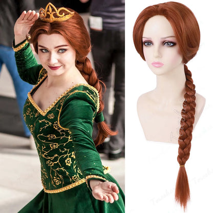 Fiona Princess Long Braided Wig - Reddish Brown Synthetic Hair for Halloween Cosplay & Parties