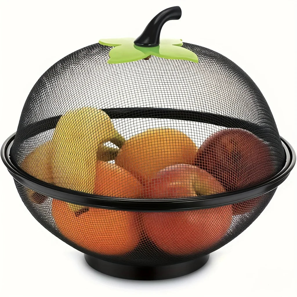 Metal Fruit Basket with Mesh Lid - Moisture Resistant Kitchen Storage Rack for Home & Outdoor