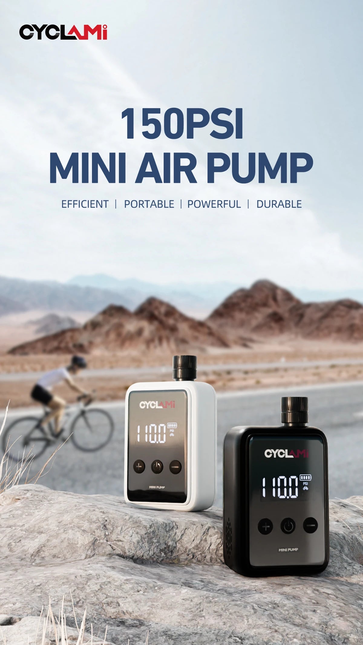 CYCLAMI HW125 150PSI Portable Electric Bike Air Pump – Rechargeable Mini Tire Inflator for Schrader & Presta Valves