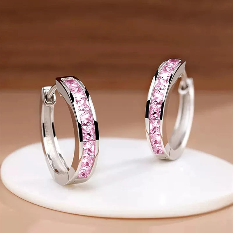 Huitan Classic Princess Square CZ Hoop Earrings for Women – Simple & Elegant Versatile Jewelry Accessories