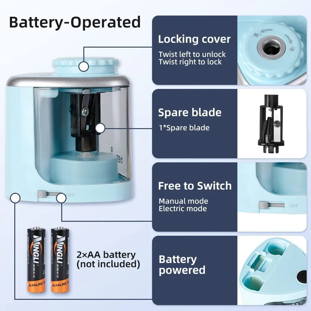 Tenwin Electric Auto Pencil Sharpener - Safe Helical Steel Blade Sharpener for Students, Artists, Kids, Adults - Ideal for Colored Pencils