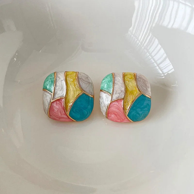 Colorful Square Patchwork Stud Earrings – Romantic Ear Jewelry for Women Christmas Gift
