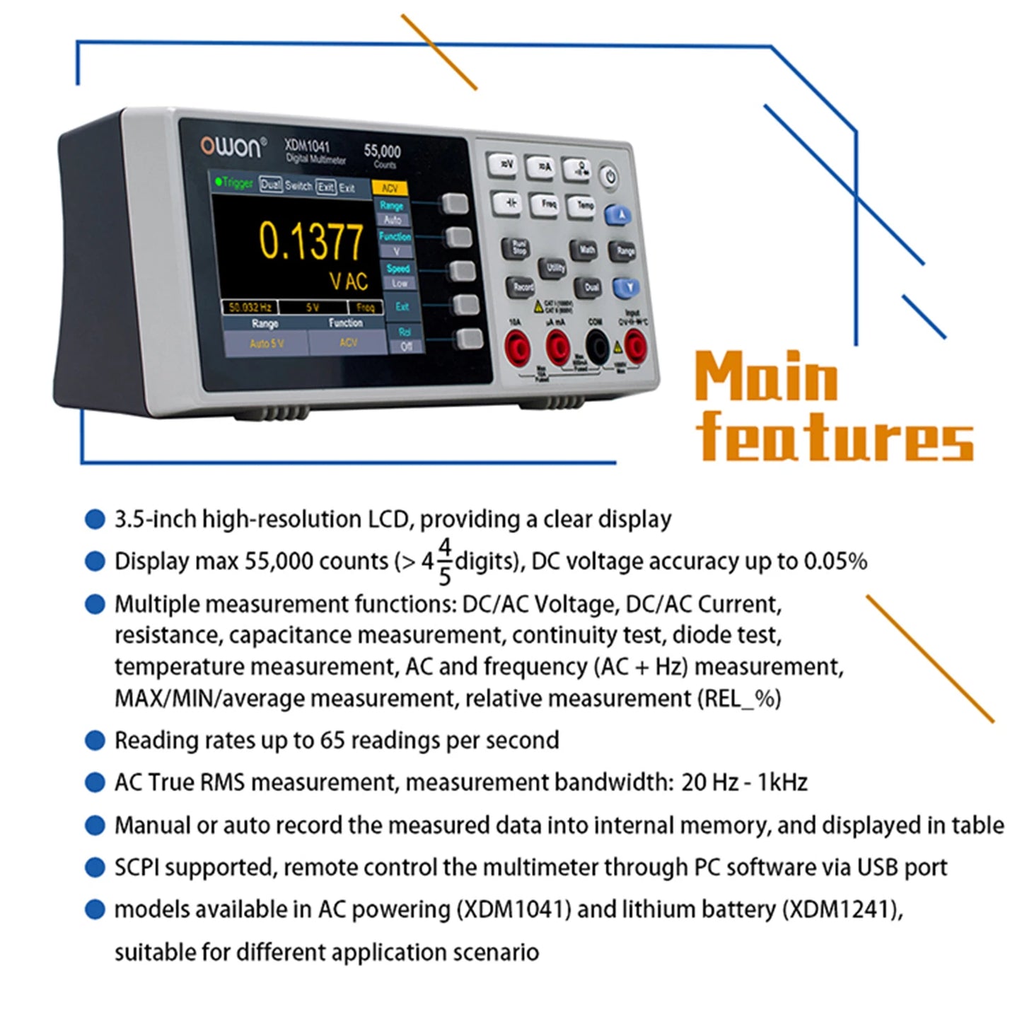 OWON XDM1041/XDM1241 Bench Digital Multimeter – 55000 Counts True RMS Voltmeter with 3.5'' LCD & Temperature Measurement