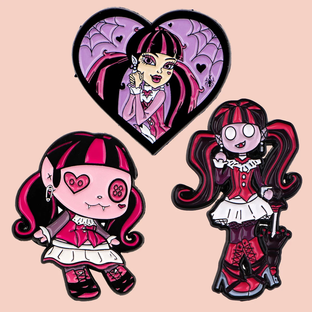 3-Piece Manga Girl Enamel Pin Set - Pink and Purple Metal Brooches for Backpacks, Collars, Lapels, and Collectors’ Gifts