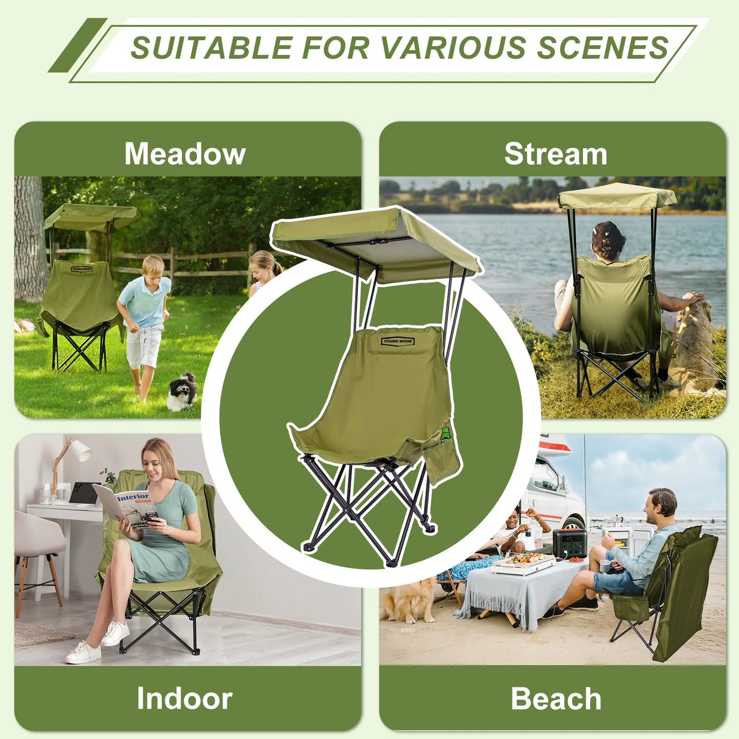 YOUNG WOOD Portable Camping Chair with Shade Canopy – Lightweight Foldable Oversized Beach & Outdoor Chair for Camping, Travel & Relaxation