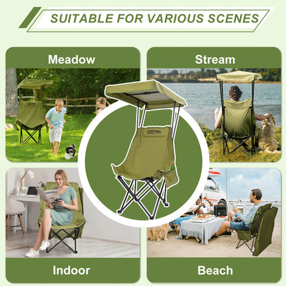 YOUNG WOOD Portable Camping Chair with Shade Canopy – Lightweight Foldable Oversized Beach & Outdoor Chair for Camping, Travel & Relaxation