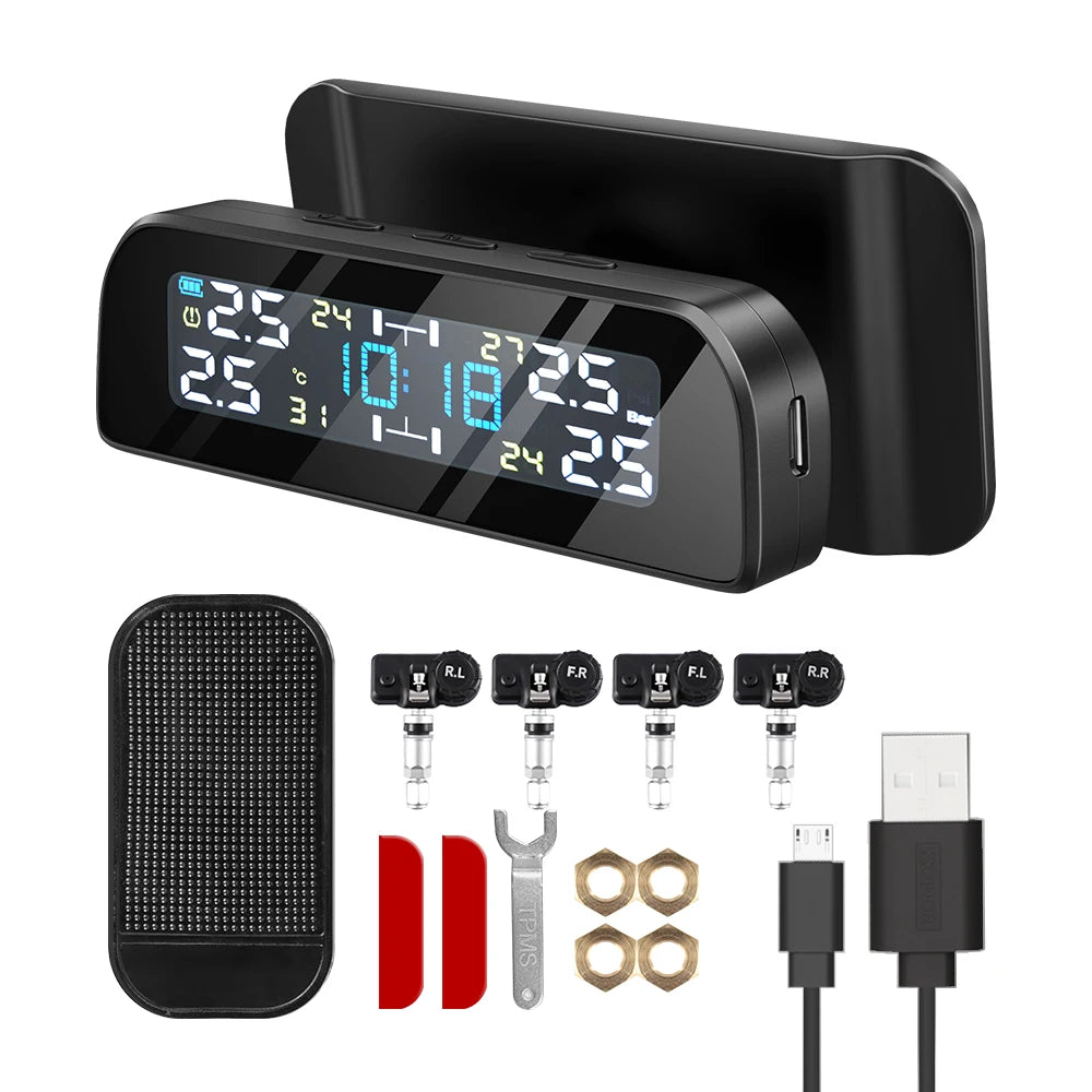 Solar Car TPMS Tire Pressure Monitoring System – External Sensors for 4 Wheels Tyre Pressure Detection