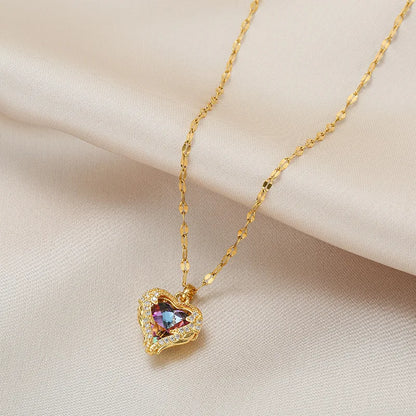 Top Luxury Colorful Crystal Ocean Heart Pendant Necklace – Trendy 316L Stainless Steel Jewelry for Women, Wedding Neck Chain