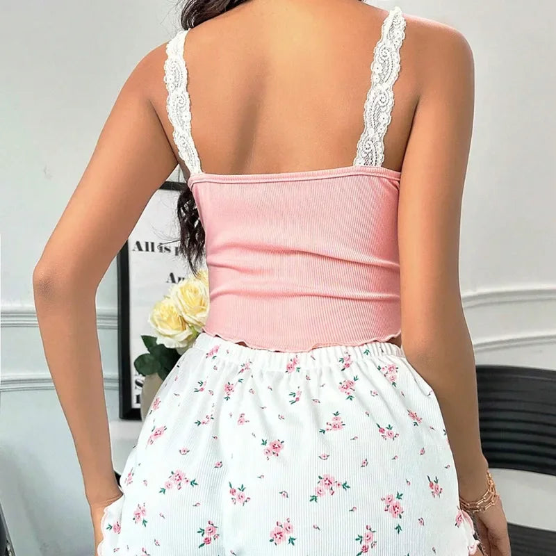 Women's 2-Piece Pajama Set – Pink Lace V-Neck Cami Top & Printed Shorts Sleepwear Loungewear
