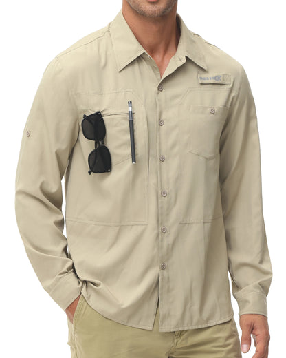 Men's UPF 50+ Long Sleeve Fishing Shirt – Sun Protection Breathable Hiking & Work Shirt with Zipper Pocket
