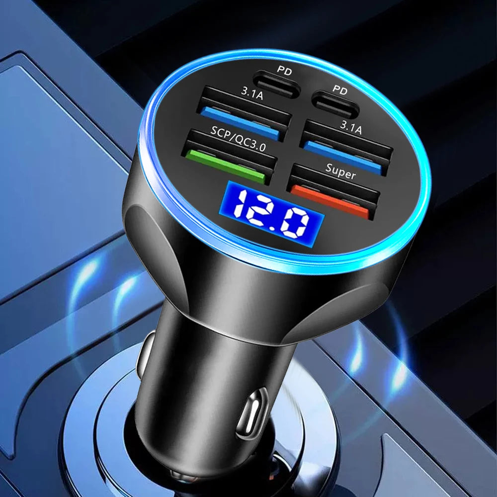 66-250W PD Car Charger – QC3.0 Fast Charge, 1-to-6 Cigarette Lighter Plug with Digital Display