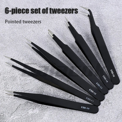 6PCS Anti-Static Stainless Steel Precision Tweezers Set – Curved Industrial Repair Tools for Electronics, Model Making & Maintenance