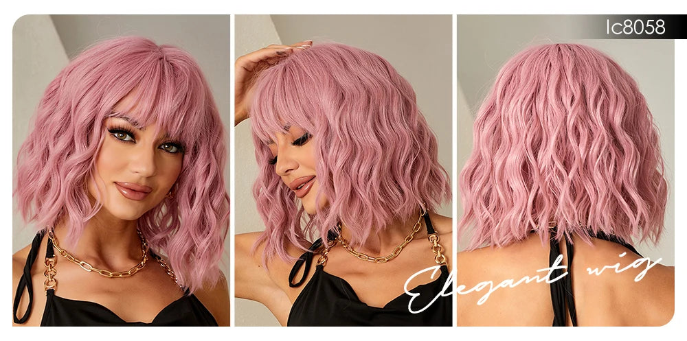 CharmSource Pink BOBO Short Synthetic Wig for Women — Natural Wave, High-Density, Heat-Resistant Hair for Daily & Party