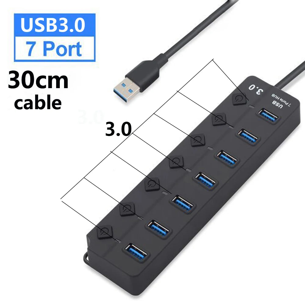 USB 3.0 Hub — 7-Port High-Speed Splitter with Power Adapter, Switch & Long Cable Expander
