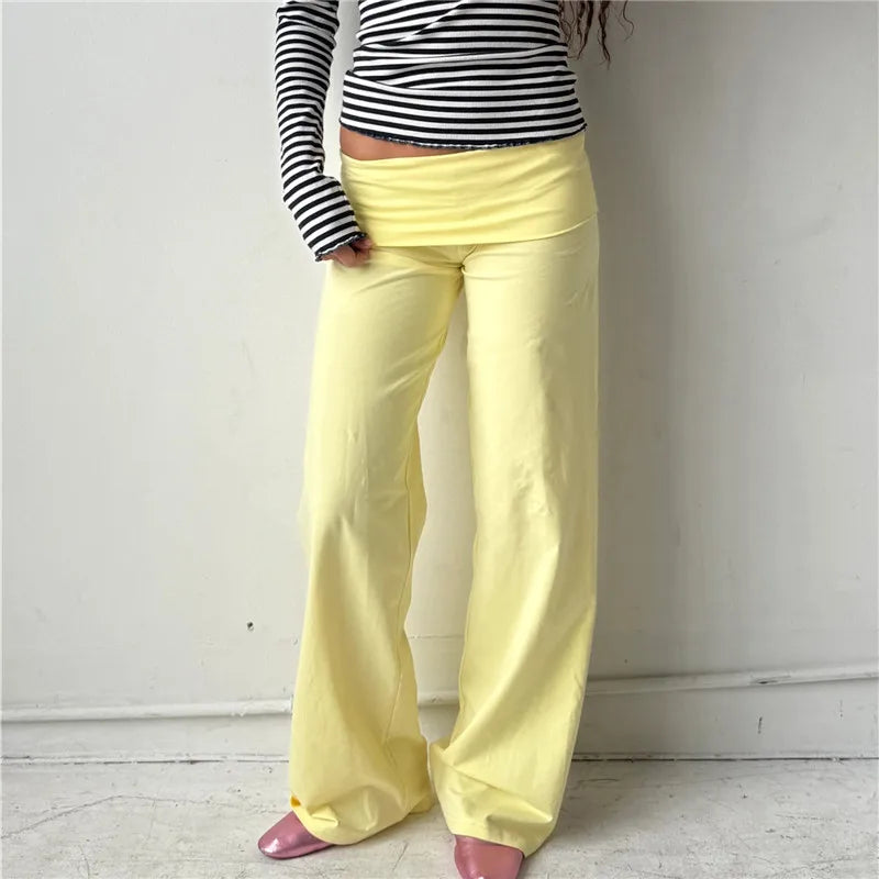 Women's Wide Leg Fold Over Pants - Solid Color Y2K Casual Streetwear Trousers
