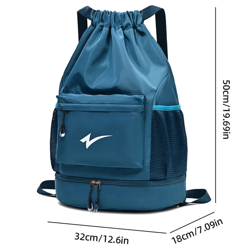 Drawstring Fitness Bag — Lightweight Multi-Pocket Gym Backpack with Separate Shoe Compartment, Foldable Outdoor Training Bag