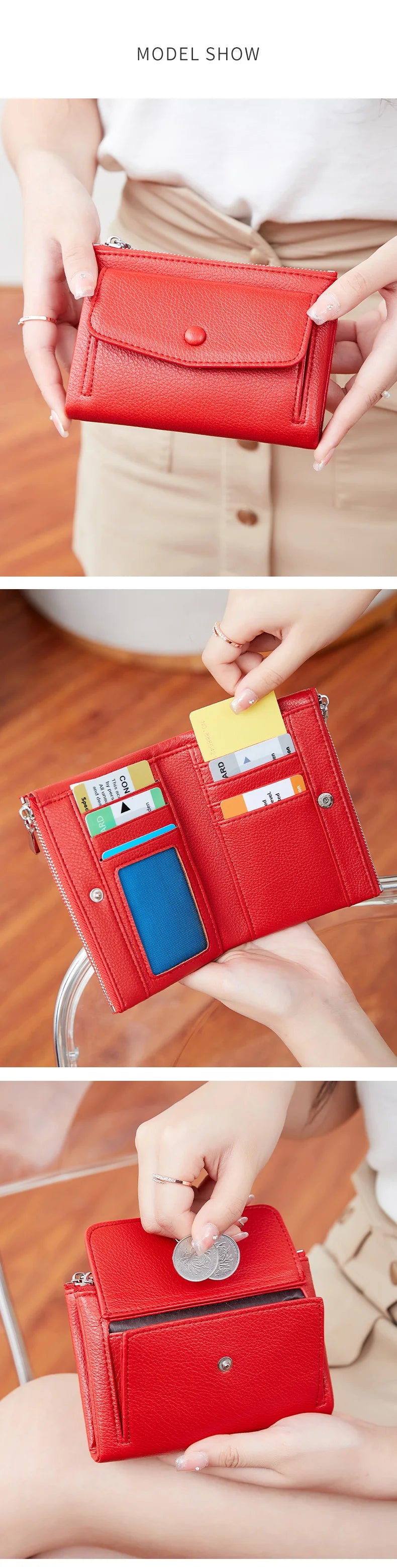 Women’s PU Leather Short Double Zipper Wallet – Simple Solid Color, Large Capacity Credit Card Holder with Coin Pocket